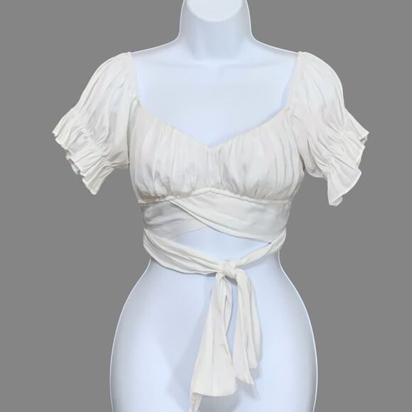 Saints Secrets L Womens White Ruffle Short Sleeve Tie Up Back Crop Top Boho - Picture 2 of 10